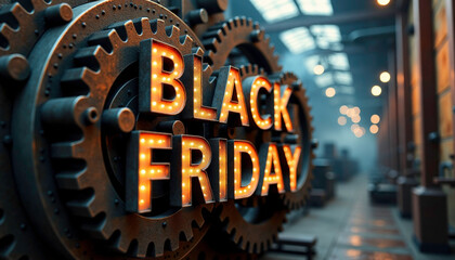 Illuminated Black Friday sign in industrial setting with hints of excitement and anticipation
