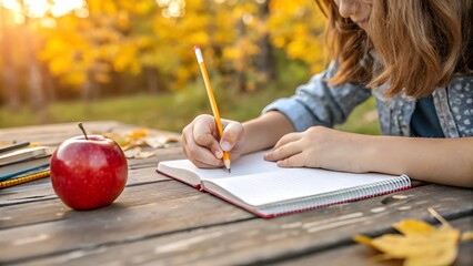 A young girl writes in a notebook with a pencil and an apple on a wooden table