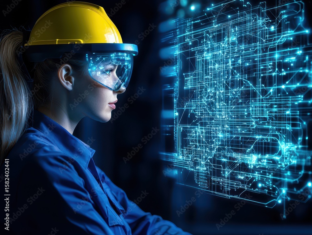 Poster engineer petrochemical factory concept. engineer analyzing digital data in a high-tech environment.