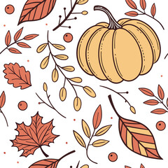 Naklejka premium Illustration of a seamless pattern with a pumpkin, leaves, and berries on a white background design art