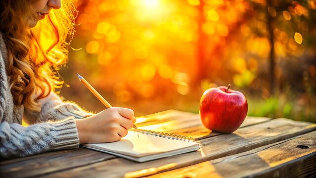 A girl with curly hair writes in a notebook with a pencil and an apple - Powered by Adobe