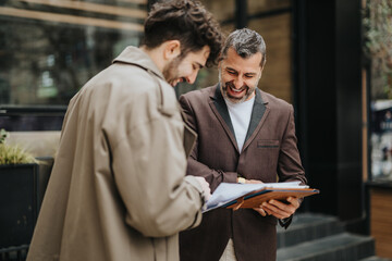 Two men enthusiastically discuss and look over documents together while outside in a modern urban...