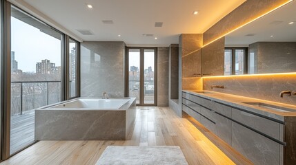 Modern bathroom, city view, soaking tub, evening ambiance