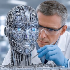 Scientist Examining a Metallic Robotic Head in a Lab