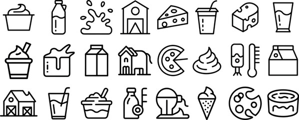 Milk and dairy products icon set, Natural cow's milk and fermented milk products, cheese, cream and more vector illustration