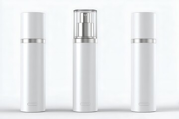 A sleek cylindrical airless pump bottle mockup appears on a pure white background. It's shown in multiple angles with subtle shadowing, perfect for cosmetic product presentation