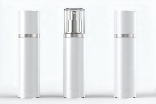 A sleek cylindrical airless pump bottle mockup appears on a pure white background. It's shown in multiple angles with subtle shadowing, perfect for cosmetic product presentation