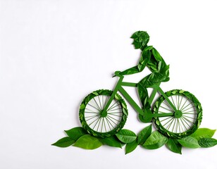 Cyclist silhouette made of leaves on white background