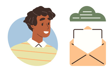 Cheerful individual in striped shirt beside envelope with document and cloud. Ideal for email, messaging, communication, connection, teamwork, digital marketing, modern technology. Simple flat