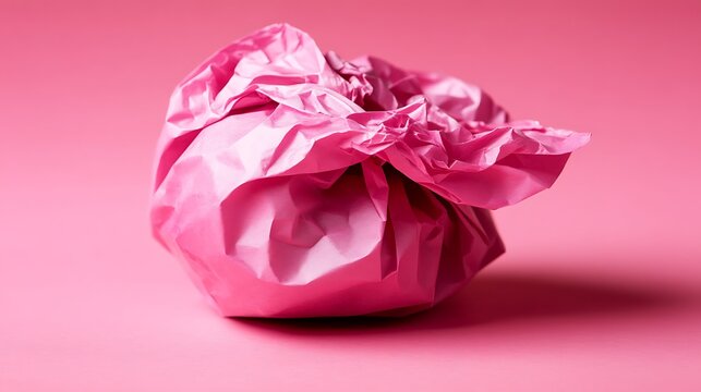 Studio shot of a vibrant pink crumpled paper ball on a monochromatic background that evokes - Powered by Adobe