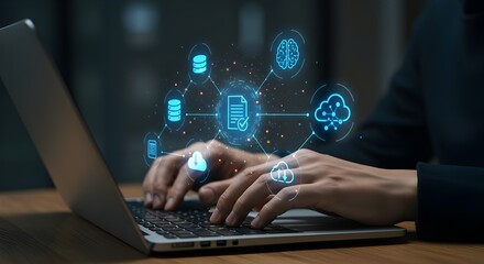 Business Task Completion on Laptop, Hands Typing with Digital Workflow Icons, Productivity