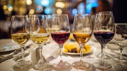 Wine tasting event, glasses of various wines