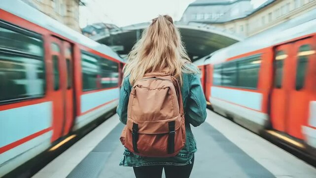 Woman with backpack at train station