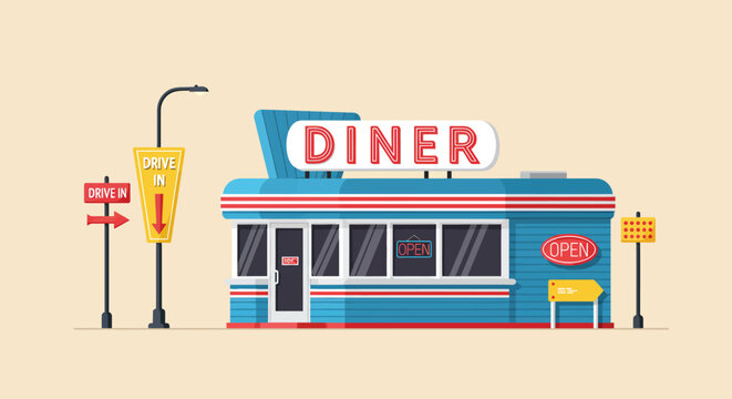 A charming retro diner stands ready to serve customers with its classic american roadside appeal