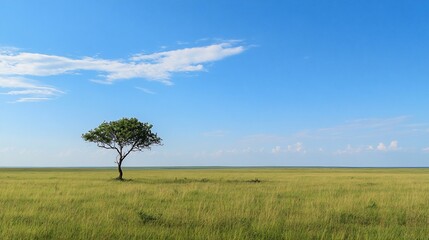 Obraz premium Lone Tree Stands Proudly on the Vast African Savannah Under a Blue Sky