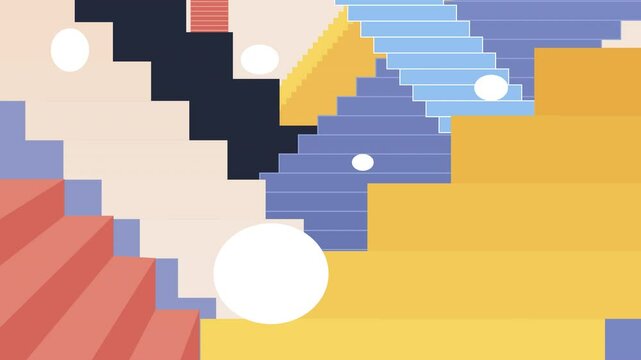 Colorful abstract staircase composition 2D animation concept. Optical illusion. White balls dynamically jumping down surreal maze endless stairs animated cartoon flat metaphor creative 4K video