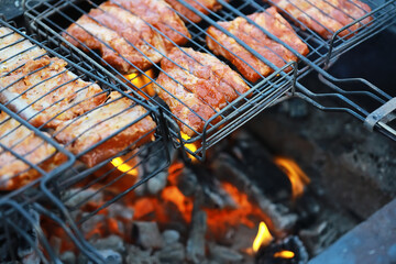 Grilled Barbecue Chicken Cooking on Open Fire with Charcoal Grill at Outdoor Picnic