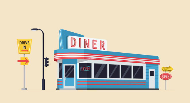 A charming retro diner stands ready to serve customers with its classic american roadside appeal
