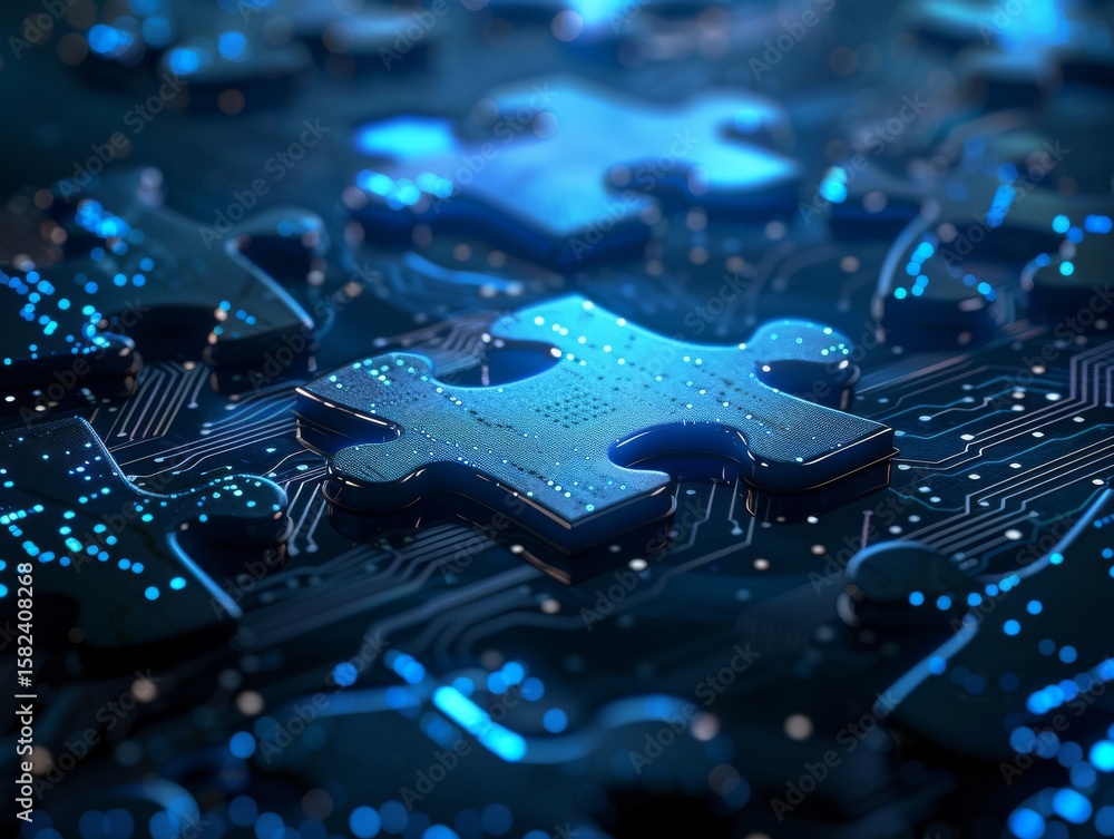 Poster 3d rendering of blue glowing jigsaw puzzle pieces fitting together on a dark background with circuit