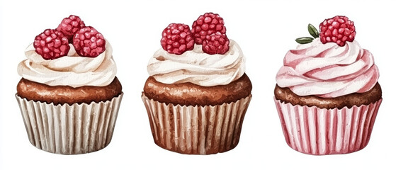 Trio of watercolor cupcakes, topped with raspberries and creamy frosting