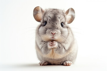 Sweet two month old chinchilla stands on its hind legs on a clear background	