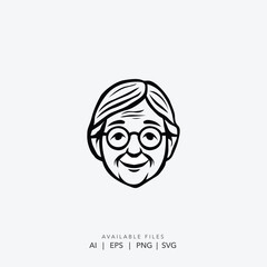 Smiling Elderly Woman Head Logo, Vintage Grandmother Portrait Logo, Classic Senior Citizen Mascot Logo