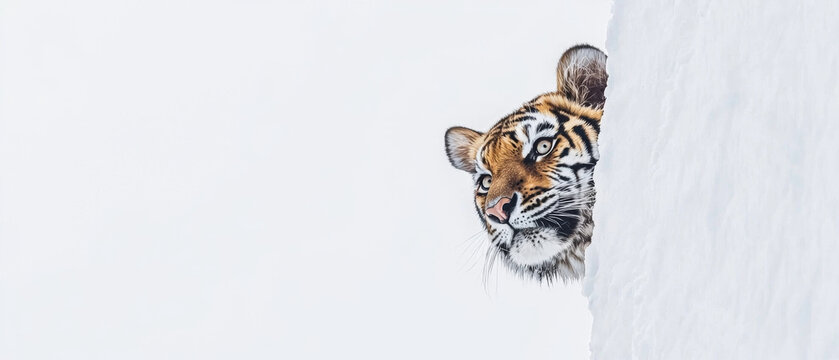 Tiger's head peeking from snowy wall