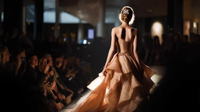 A model walks down the runway in a gorgeous dress during a fashion week.