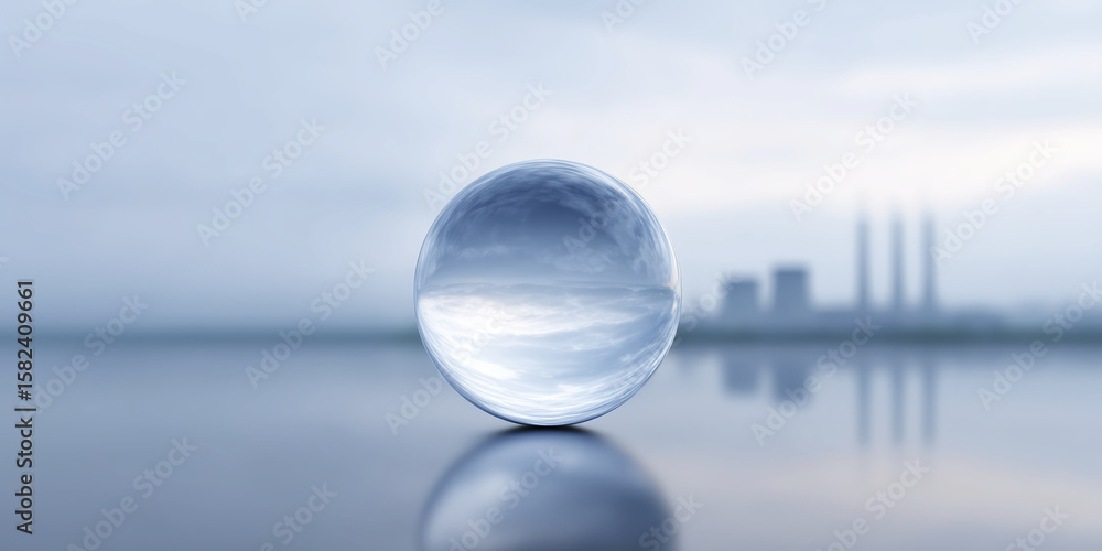 Poster transparent glass sphere resting on a reflective surface, capturing a serene landscape with soft col