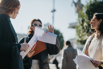Three professional women collaborate outdoors, analyzing and strategizing for projects, creating...