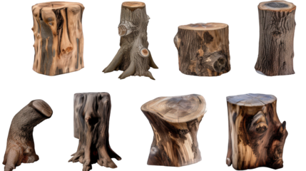 Wooden log trunk and tree stump set on transparent background