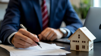 Businessman Signing Documents at Desk with House Model,Professional Office Setting,wooden house model on a desk,Businessman signing a contract with a wooden house model on the desk,Model house on desk