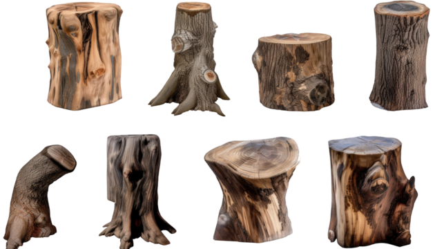Wooden log trunk and tree stump set on transparent background
