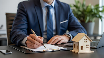Businessman Signing Documents at Desk with House Model,Professional Office Setting,wooden house model on a desk,Businessman signing a contract with a wooden house model on the desk,Model house on desk