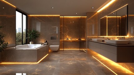 Modern bathroom interior with city view, ambient lighting