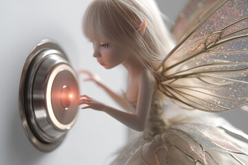 Fairy touching a glowing button on a wall