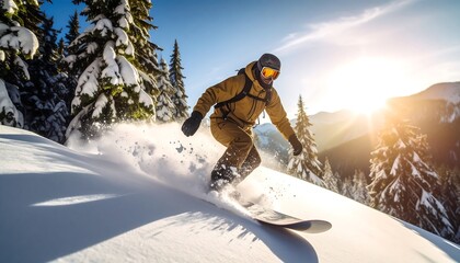 Snowboarder carving a slope on a sunny winter day