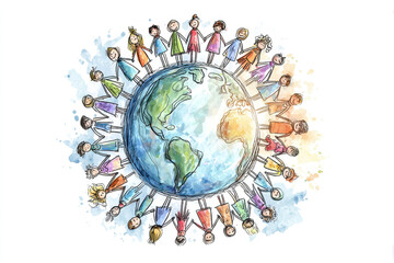 A circle of people from different cultures holding hands around a globe, symbolizing global unity and social justice.