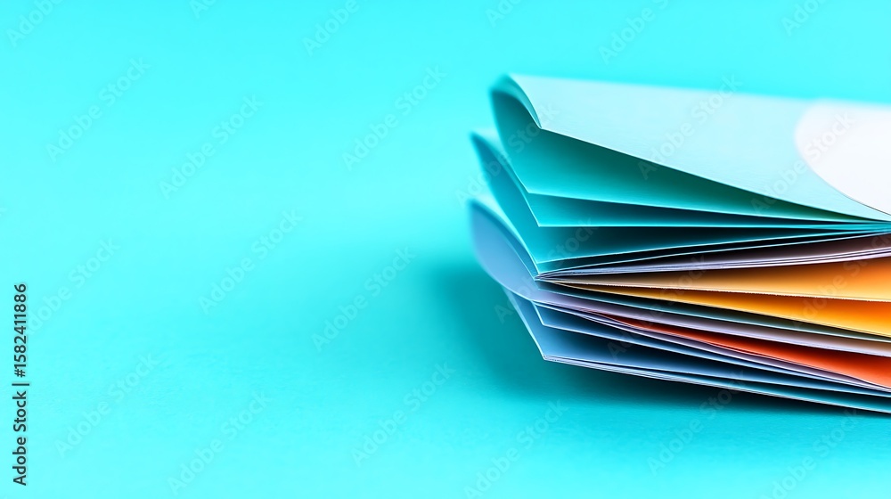 Fototapete vibrant stack of multicolored papers creating a visually appealing abstract composition on cyan