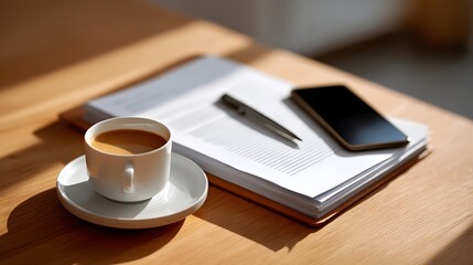 A cup of coffee with a notebook and pen on a wooden desk. long_title:A serene workspace setup with a cup of freshly brewed coffee, an open notebook, a