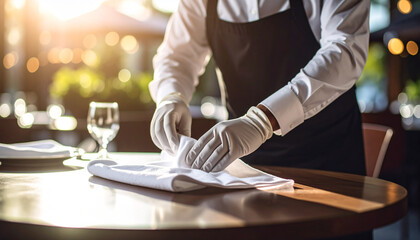 A restaurant waiter was wiping the table with gloves and cleaning spray