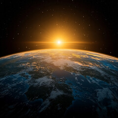 Fototapeta premium Sunrise Earth: Golden rays illuminate a vibrant planet from space