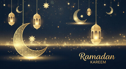 A beautiful dark blue background with sparkling golden crescent moons, stars, and traditional lanterns, celebrating Ramadan Kareem.