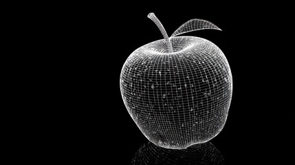 Wireframe apple with water droplets, reflective surface