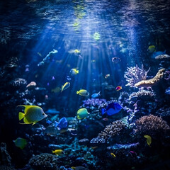 Fototapeta premium Sunbeams illuminate vibrant coral reef, teeming with colorful fish