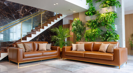 Fototapeta premium Living room with leather sofas and plant wall