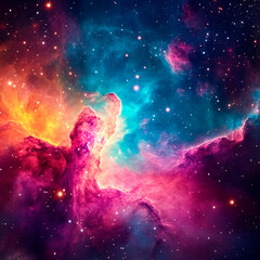 Obraz premium Vibrant nebula in deep space with swirling clouds of pink, blue, and orange gas illuminated by distant stars, forming a stunning cosmic landscape
