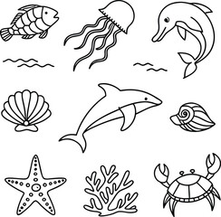 Sea Animals Vector Icon Set – Minimal Line Art of Marine Creatures & Underwater Life