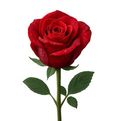Single Red Rose with Dew Drops on Transparent Background