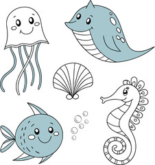 Sea Animals Vector Icon Set – Minimal Line Art of Marine Creatures & Underwater Life